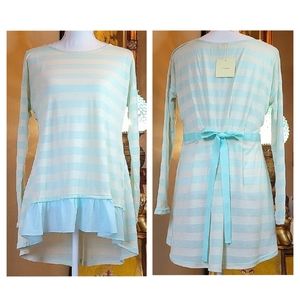 A'reve Light Aqua Blue & Ivory White Striped Long Sleeve T-shirt Ruffle Hem